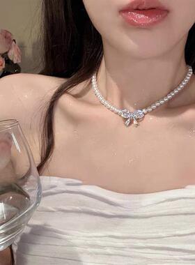 法式轻奢镶钻蝴蝶结珍珠项链小众时尚锁骨链气质百搭高级感饰品女