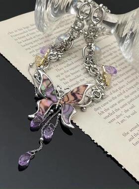 甜酷辣妹梦幻蝴蝶拼接水滴流苏项链女设计感个性百搭时尚锁骨链潮