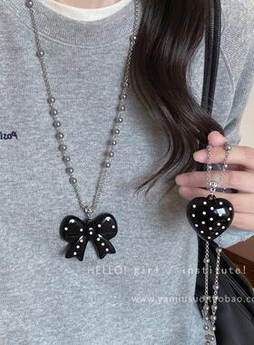 韩系黑色波点蝴蝶结珍珠项链女高级感长款毛衣链小众设计百搭配饰