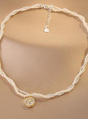 星芒锆石编织珍珠项链女高级感夏天锁骨链轻奢小众毛衣链百搭饰品