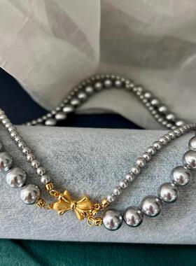 银灰色贝珠施家双层珍珠项链女夏天百搭小众毛衣链高级感颈链饰品