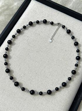 高级感黑色金属串珠项链女复古小众个性气质百搭时尚颈链毛衣链