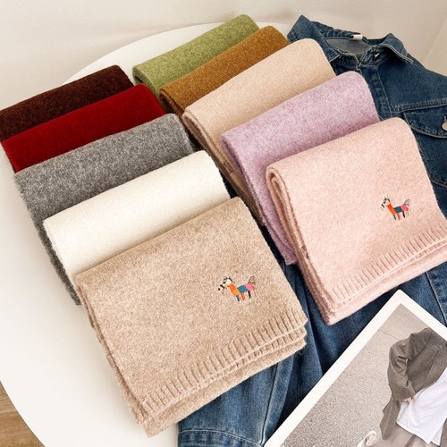 小马刺绣柔软羊绒围巾加厚保暖男女款本命年毛线围脖冬季2026新品 - 图0