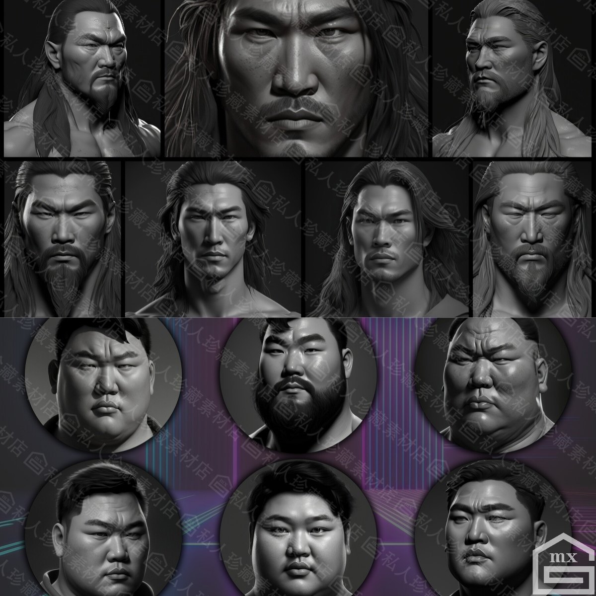 540张亚洲男性头像zb雕刻参考图 写实角色灰模脸部白模头部图片