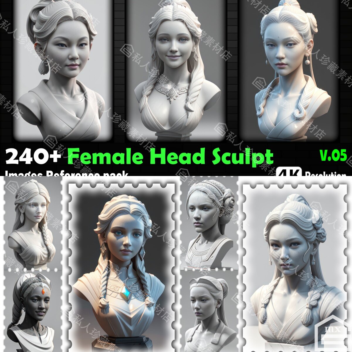 240张ZBrush欧美女性头部雕塑图片脸部发型zb头像雕刻参考图素材