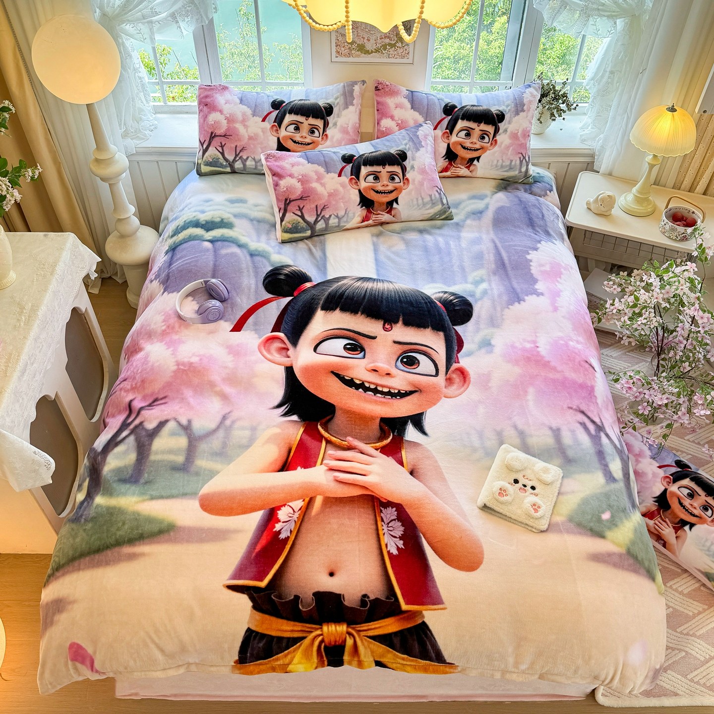 卡通可爱哪吒牛奶绒加厚四件套秋冬被套宿舍三件套儿童床品男女孩,淘宝优惠券,粉丝福利购,淘宝优惠卷