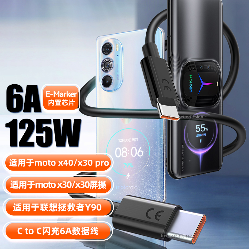 赢潜适用于摩托罗拉数据线125W快充moto x40/x30pro/s30pro联想拯救者y70/y90/y700手机6A双type-c充电线-图0