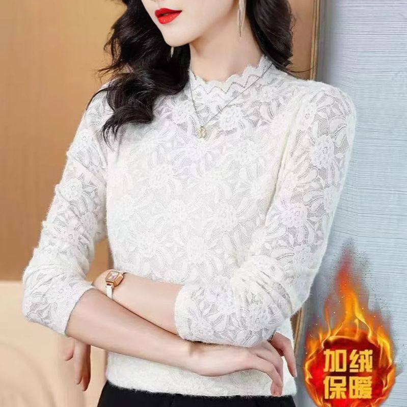 秋冬新加绒加厚保暖内搭蕾丝衫半高领镂空设计百搭时尚打底衫上衣,淘宝优惠券,粉丝福利购,淘宝优惠卷