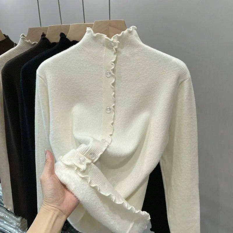 一体绒保暖内搭针织上衣女士秋冬木耳边半高领打底衫加绒加厚毛衣,淘宝优惠券,粉丝福利购,淘宝优惠卷