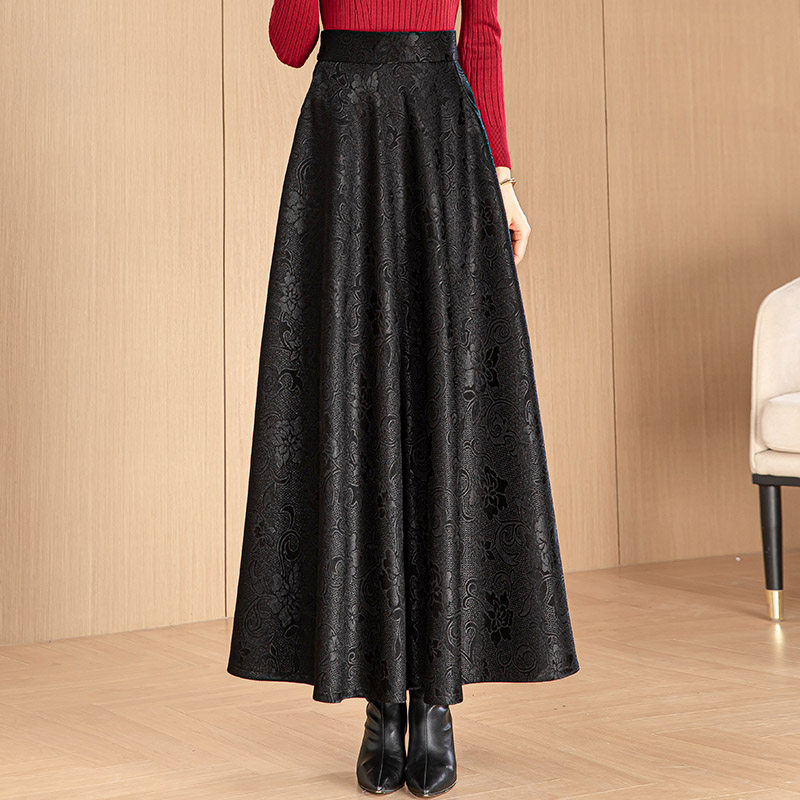 秋冬新款黑色提花大摆半身裙女气质高腰A字裙显瘦大码跳舞长裙子,淘宝优惠券,粉丝福利购,淘宝优惠卷