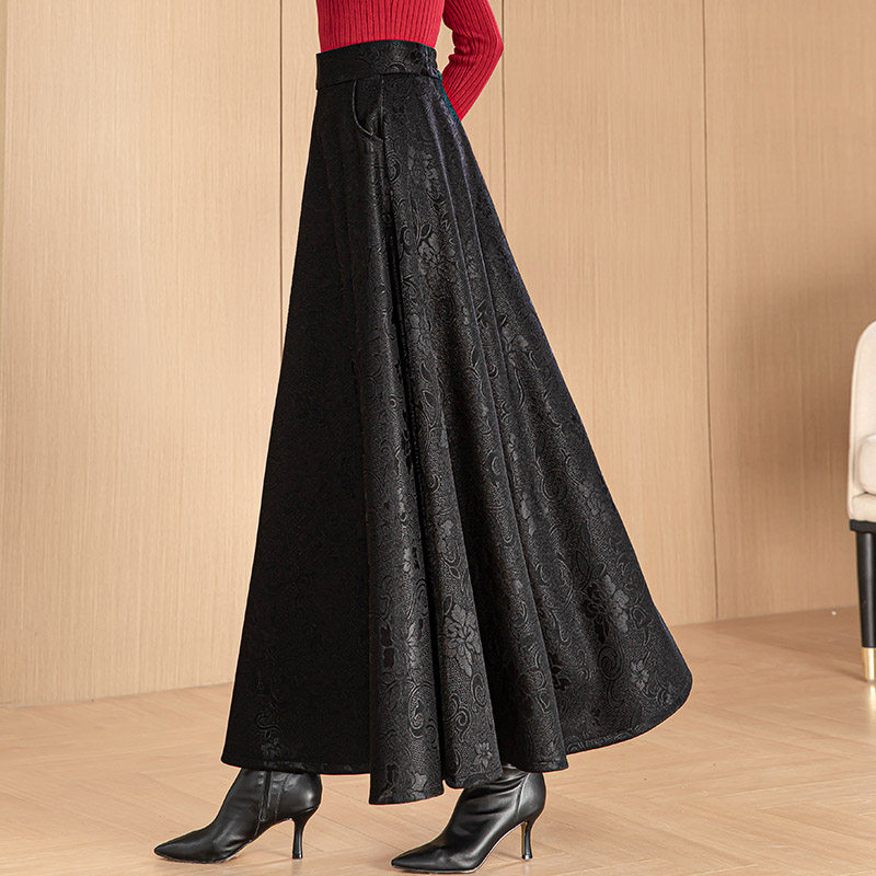 秋冬新款黑色提花大摆半身裙女气质高腰A字裙显瘦大码跳舞长裙子,淘宝优惠券,粉丝福利购,淘宝优惠卷