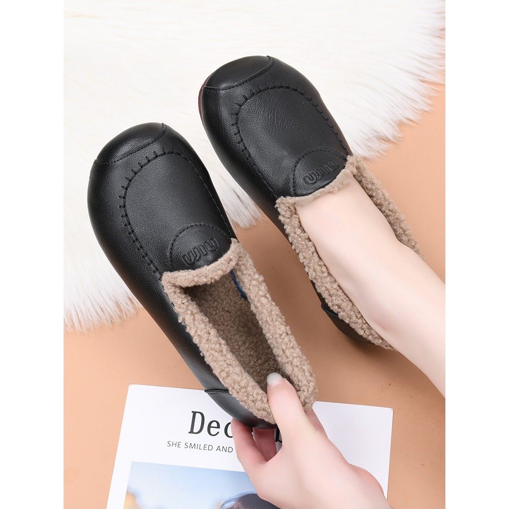 外穿一脚蹬豆豆鞋冬季新款加绒保暖皮面妈妈棉鞋平底休闲毛毛鞋女,淘宝优惠券,粉丝福利购,淘宝优惠卷