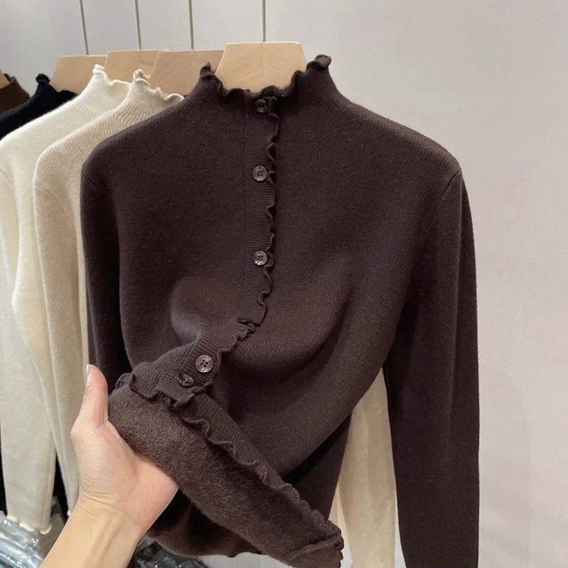 一体绒保暖内搭针织上衣女士秋冬木耳边半高领打底衫加绒加厚毛衣,淘宝优惠券,粉丝福利购,淘宝优惠卷