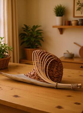厂家销售手工制作蒲草和泡桐混搭编织摆盘托盘装饰器皿摆件
