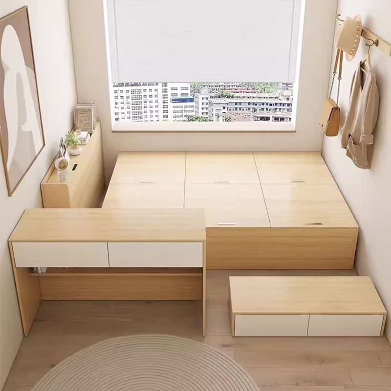 单人榻榻米书桌一体小户型省空间组合出租房储物床实木收纳儿童床 - 图0