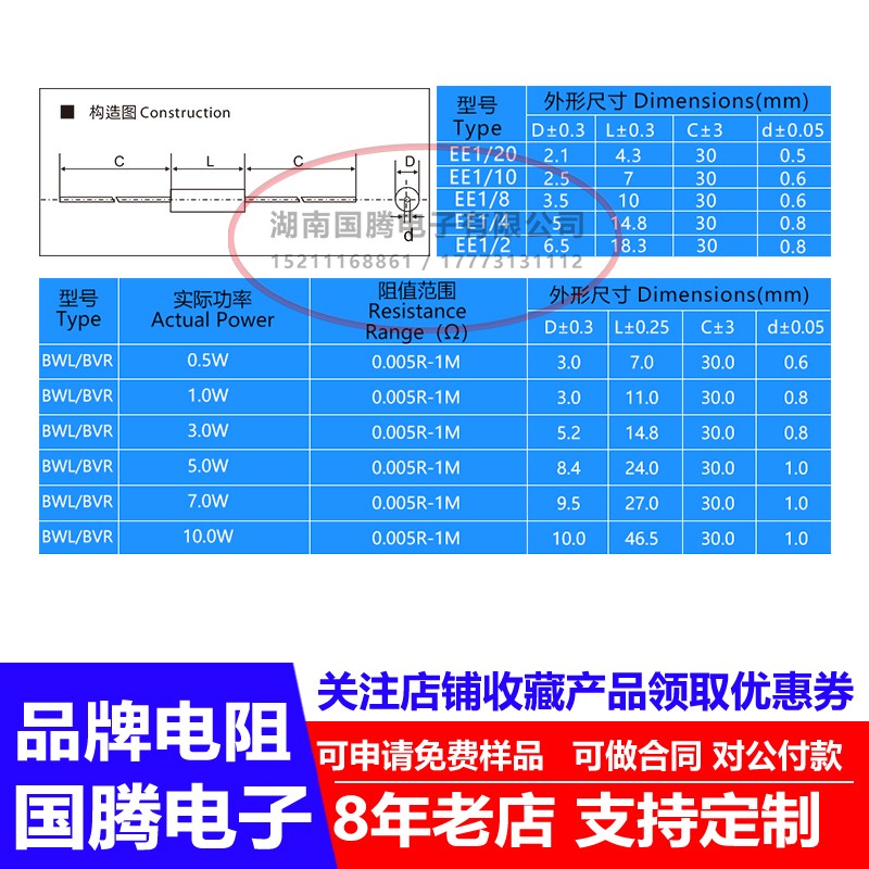 EE1/4标准无感高精度采样0.1%精密电阻 1W 147R150R160R162 欧 B - 图0