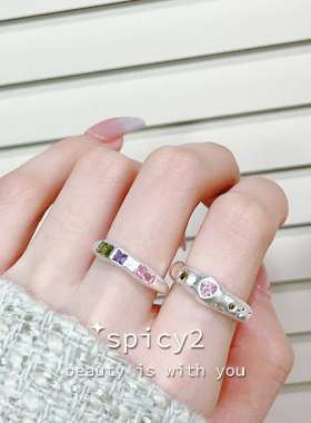 小众设计彩色几何锆石开口戒日韩