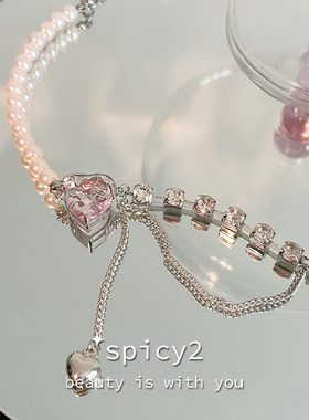 熔岩粉色爱心珍珠拼接项链甜酷