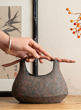 侘寂风复古手提篮摆件样板间民宿