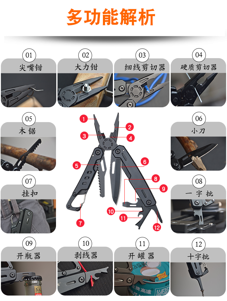 度量多用途钳子户外便携工具折叠小刀多功能露营迷你随身野外装备 - 图0