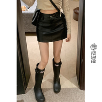 Black pu small leather skirt half body dress Womens autumn Winter 2023 new display slim fit Skirt Pants Skirt Low pocket Hip Short Skirt