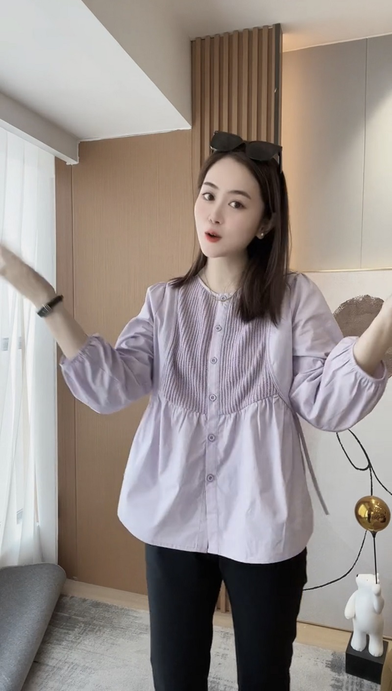 韩版针织拼接衬衫女2024年春夏季新款时尚洋气圆领开衫叠穿长袖潮