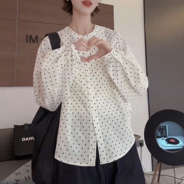 Korean long-sleeved polka-dot shirt for women, spring and summer Korean casual shirt, fashionable, loose, flesh-covering, slim-fitting shirt