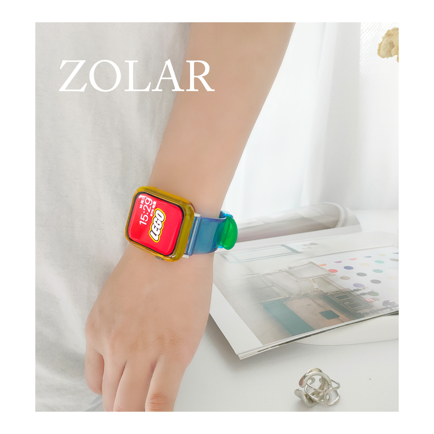 ZOLAR积木拼色款透明硅胶苹果表带适用iwatch8代7654SE柔软抗氧化-图3