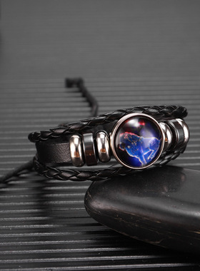 十二星座手链饰品欧美热款玻璃合金跨境多层编织夜光朋克牛皮梦幻