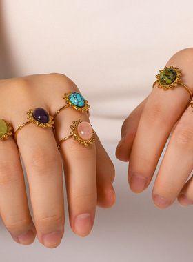 跨境欧美不锈钢戒指镶嵌天然石虎眼石绿松石戒指开口可调节手饰女