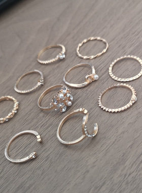 跨境新款 波西米亚时尚星星月亮戒指镶钻爱心珍珠树叶10件套戒指