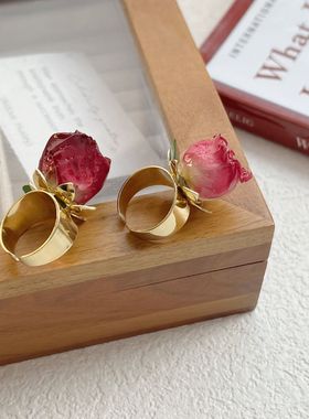 干花戒指玫瑰花戒指女复古文艺小众设计感开口可调节食指戒永生花