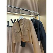 South Korea Curry Lean Genuine Leather Coat Woman Spring Autumn New Neckline Laces Design Small Sheepskin Jacket Short Leather Clothing