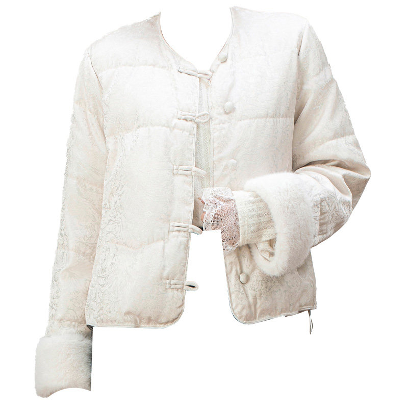 新中式短款羽绒服女冬季2025年新款白色盘扣毛毛袖口提花保暖外套,淘宝优惠券,粉丝福利购,淘宝优惠卷