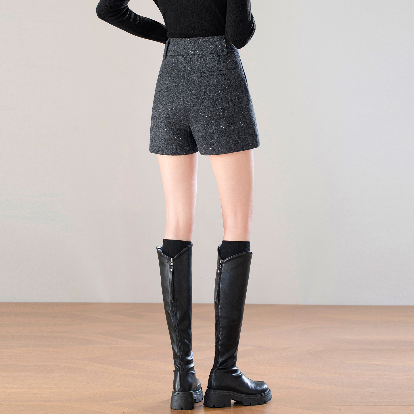 小个子双排扣亮片毛呢短裤女秋冬季2025新款百搭外穿A字阔腿靴裤,淘宝优惠券,粉丝福利购,淘宝优惠卷