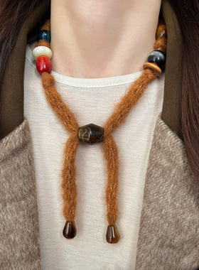 复古美拉德针织毛线串珠抽拉项链