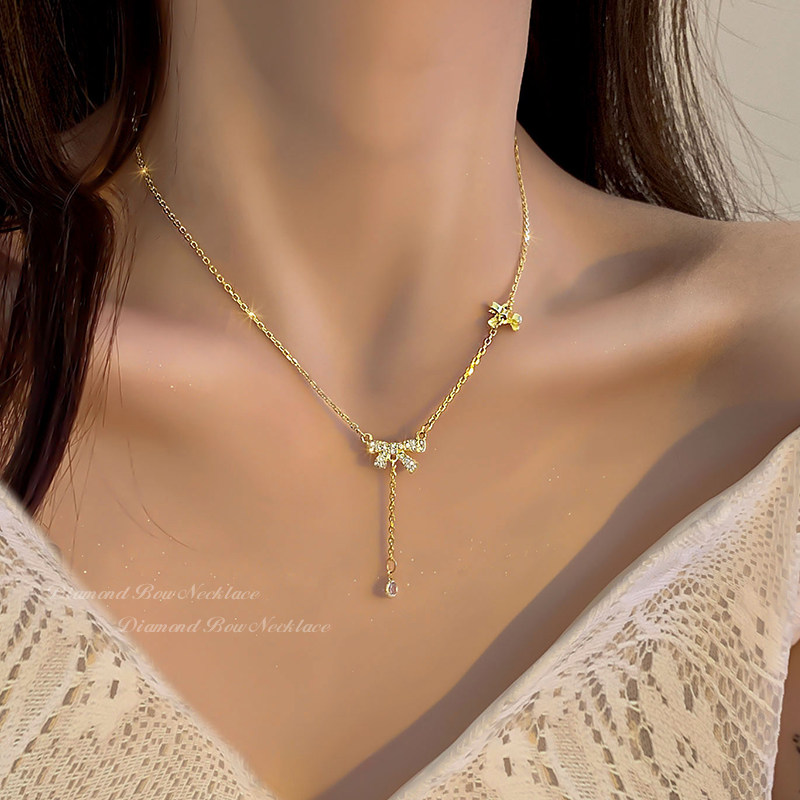 夏季新款蝴蝶结流苏轻奢小众锁骨链 洛十项链