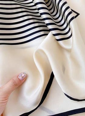 100%桑蚕丝90真丝缎面丝巾简约百搭福宝条纹女春秋大方巾薄款