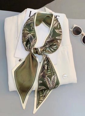 2025新款长条斜角丝巾飘带跨境丝滑格子纹长条丝巾领巾工厂批发