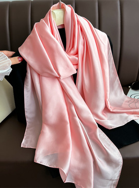 春夏纯色简约长丝巾百搭围巾女沙滩巾中东头巾韩国缎面仿真丝