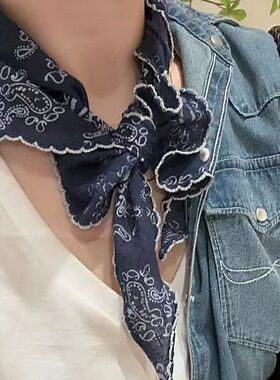 棉麻三角丝巾头巾女高级感韩版百搭系脖护颈腰果花装饰小领巾