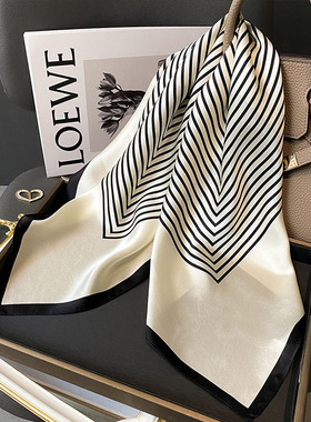 【批发】杭州丝绸桑蚕丝丝巾北欧黑白条纹真丝围巾女70cm方巾领巾