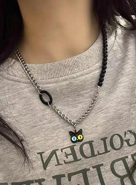 轻奢小众设计感卫衣链黑色猫咪钛