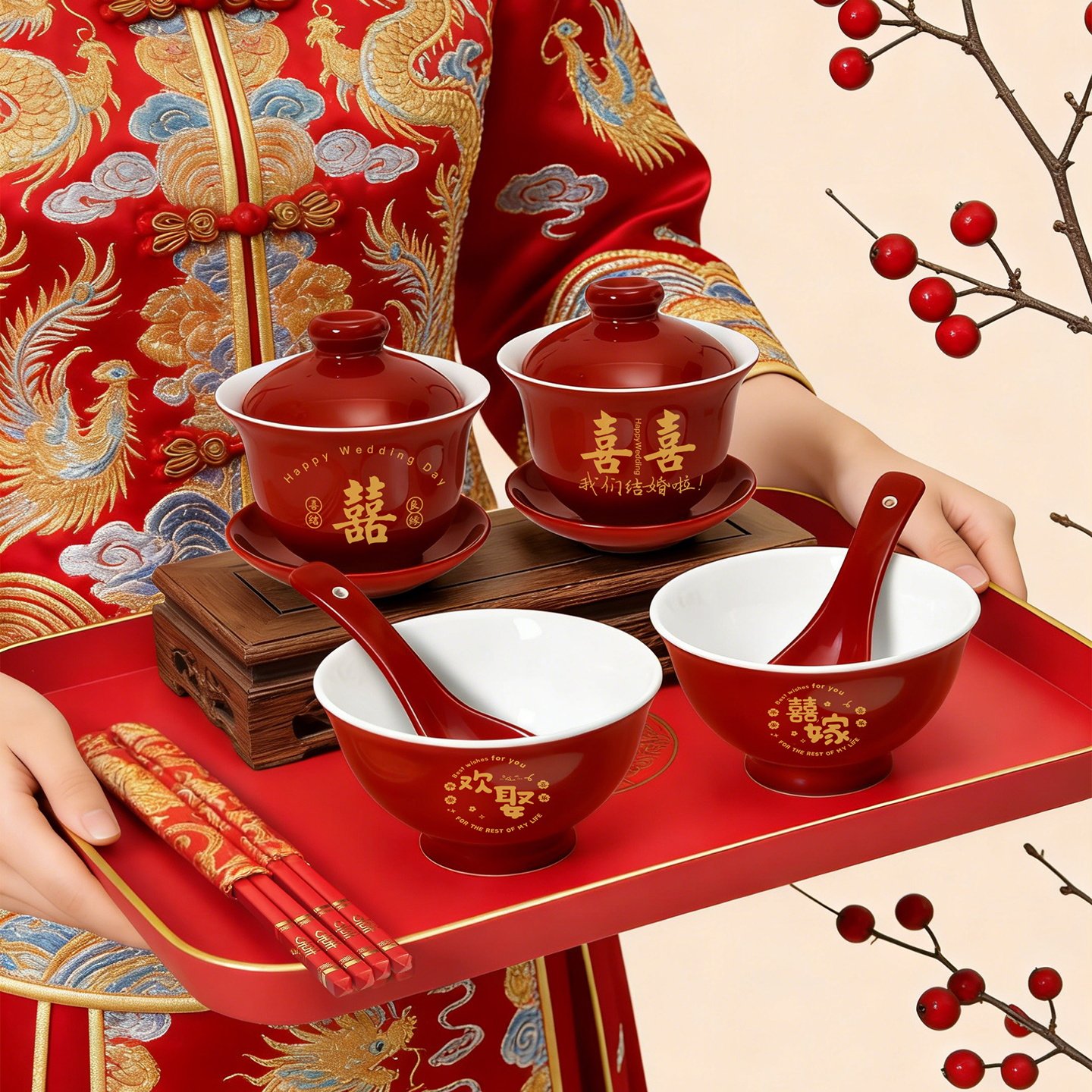 Wedding change of mouth toast tea cup set, a pair of wedding bowls, chopsticks and spoons, wedding tea set, dowry supplies, high-end wine red