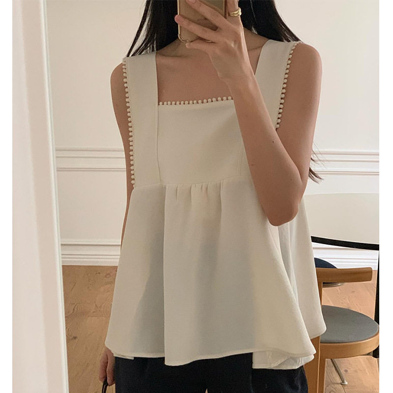 韩国chic26夏日新品法式小众方领花边拼接无袖背心上衣减龄娃娃衫,淘宝优惠券,粉丝福利购,淘宝优惠卷