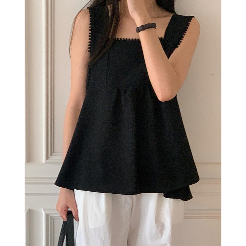 韩国chic26夏日新品法式小众方领花边拼接无袖背心上衣减龄娃娃衫,淘宝优惠券,粉丝福利购,淘宝优惠卷