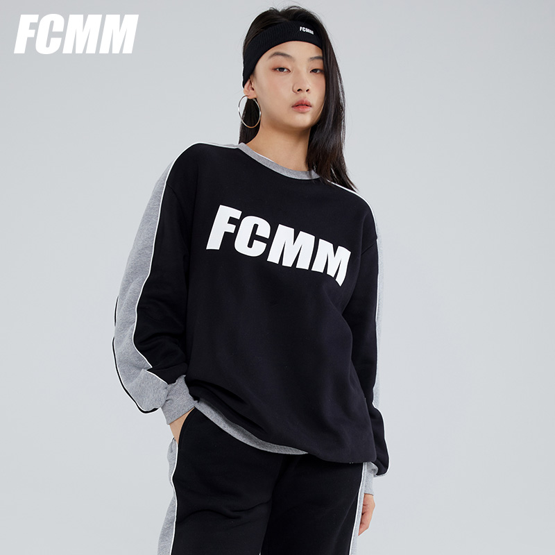 FCMM卫衣女秋冬潮牌圆领加绒加厚重磅情侣款休闲运动风设计感上衣-图2