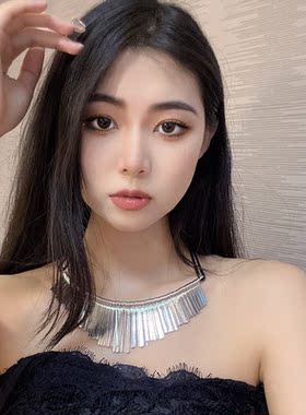 复古夸张金属流苏黑绳拼接项链女