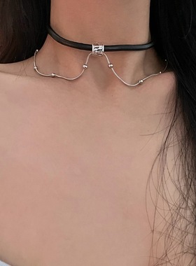 甜酷风个性双层流苏pu皮质项链女