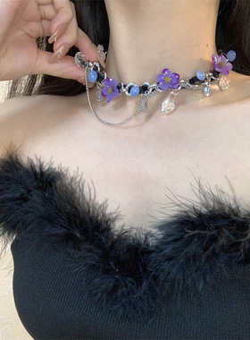 小众复古紫色花朵链条流苏项链女